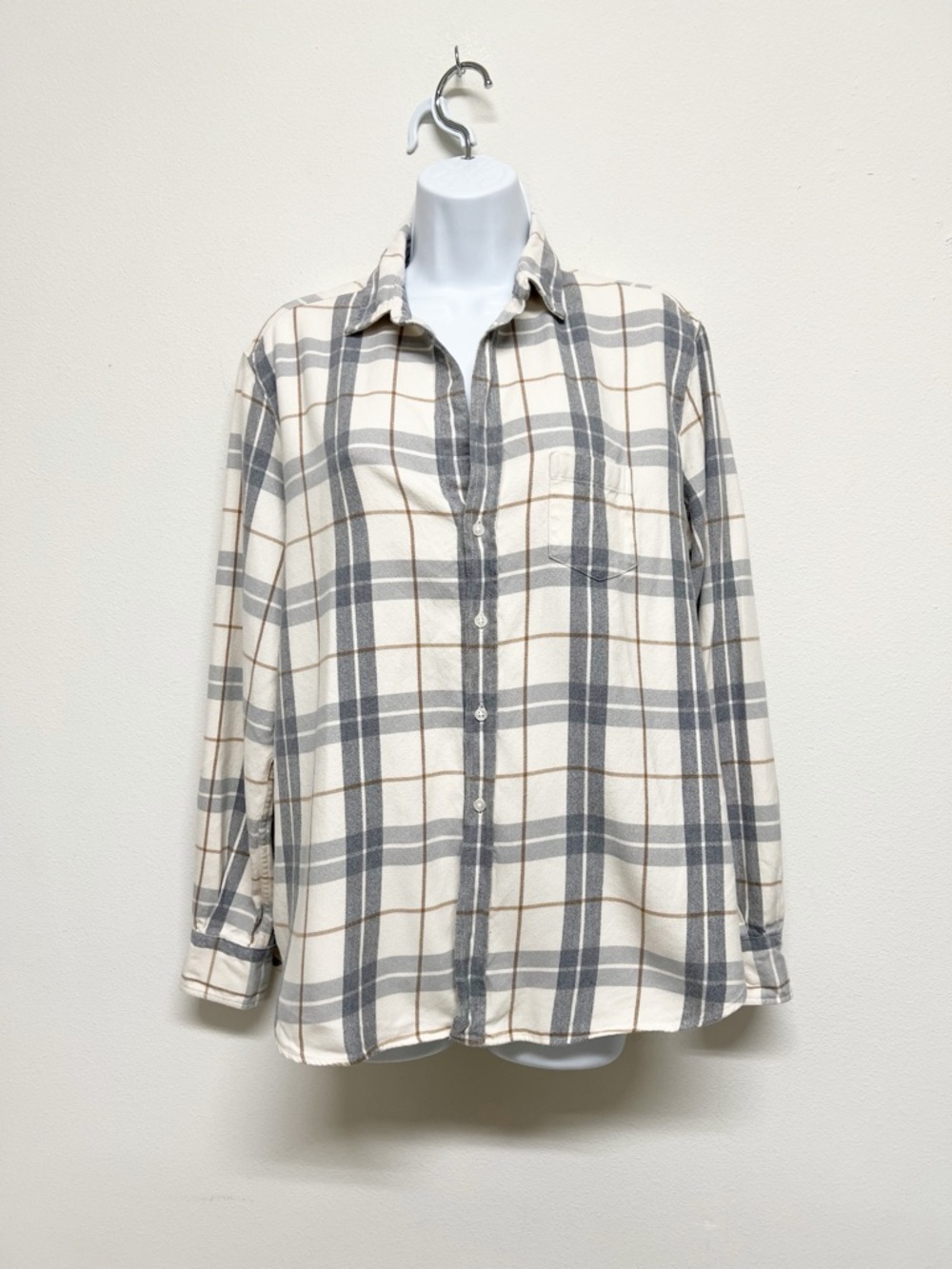 Frank & Eileen Womens Cream Gray Plaid Flannel Eileen Button Up Top Size M